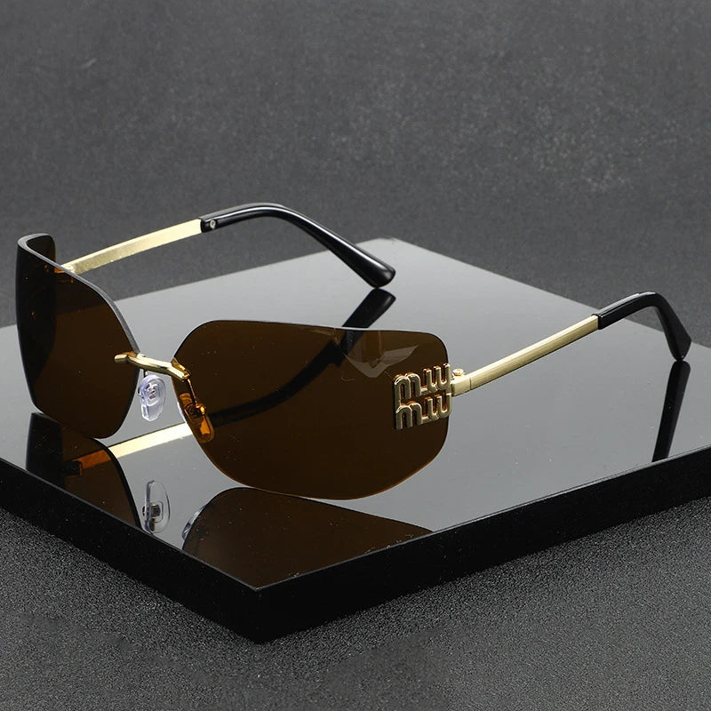 Women Brand Designer Rivets Rectangle Gradient Curved Shades Classic Sun Glasses Female Funky Metal Luxury Rimless Sunglasses
