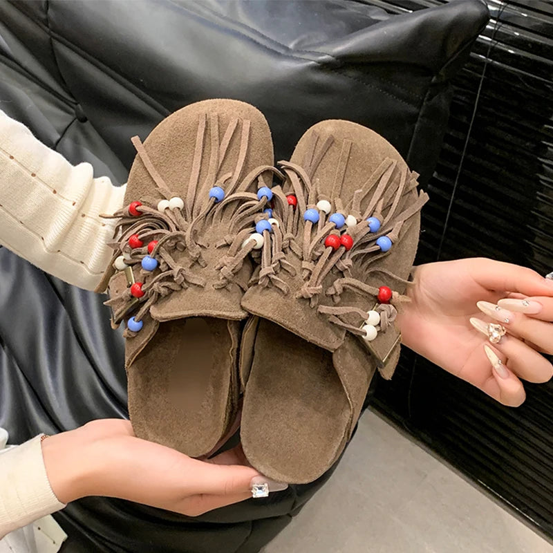 2025 Women Mules Shoes Flats Suede Women's Sandals Fringes Summer Fashion Slippers Walking Dress Cozy