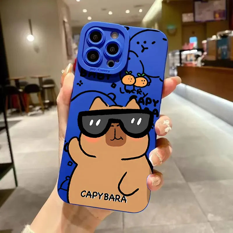 Case For iPhone 17 16 15 14 13 12 11 Pro Max Air XS X XR 16E Cute Capybara Pattern Matte Silicone Camera Lens Portector Cover