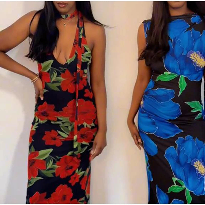 Sexy Flower Print Top Long Skirt Set Women Slim Ruffle Strap U-neck Top Loose High Waist Skirts  Fashion Summer Party Suit