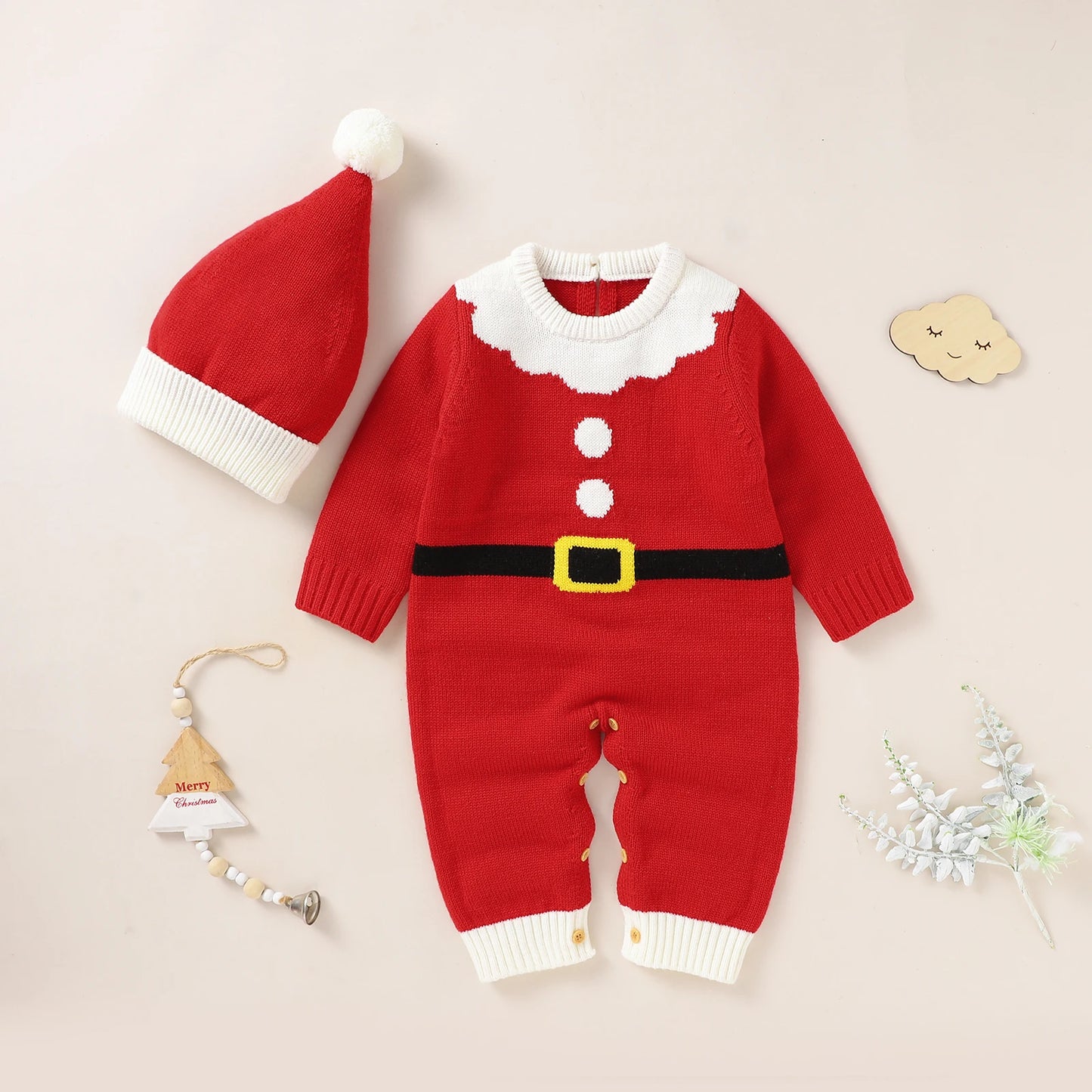 Infant Christmas Outfits Baby Romper Clothes Winter Red Santa Claus Knitted Newborn Infant Boy Girl Christmas Gift Jumpsuits+Hat