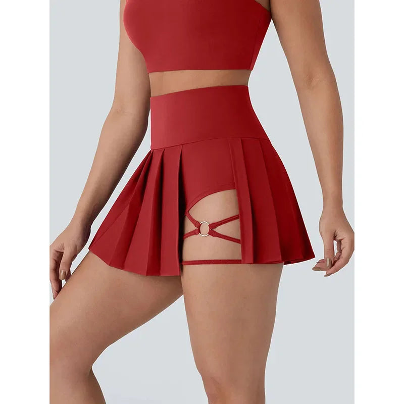 Women Inside Safe Shorts Tennis Skirts Red Cross Bandage Running Sports Pleated Skirt Woman High Waist Fitness Yoga Mini Skirts
