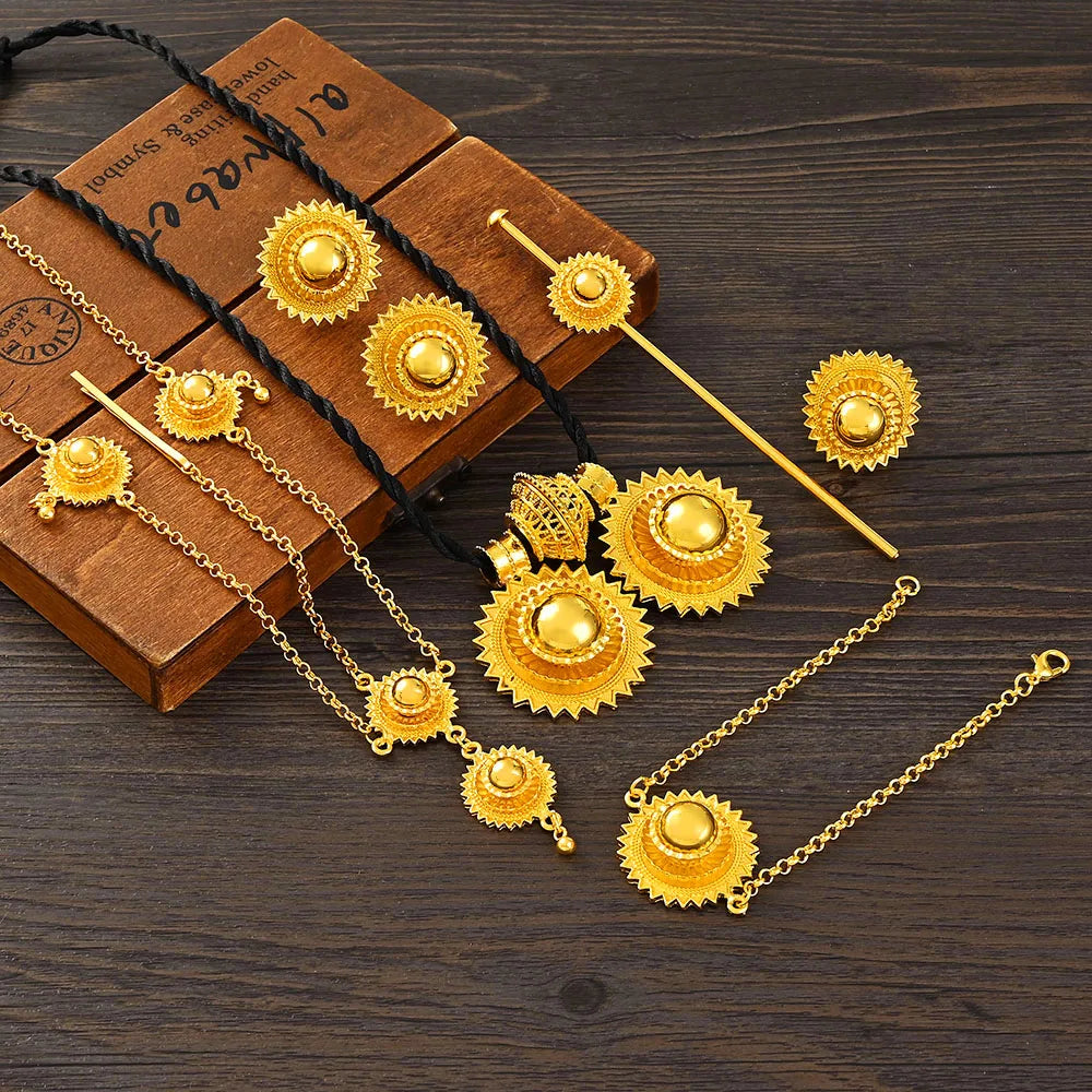 Ethiopian  Jewelry 2pcs Pendant/Necklace/Earring/Ring/Bracelet Gold Color Eritrea Set Man Women's Habesha Wedding Party Gift