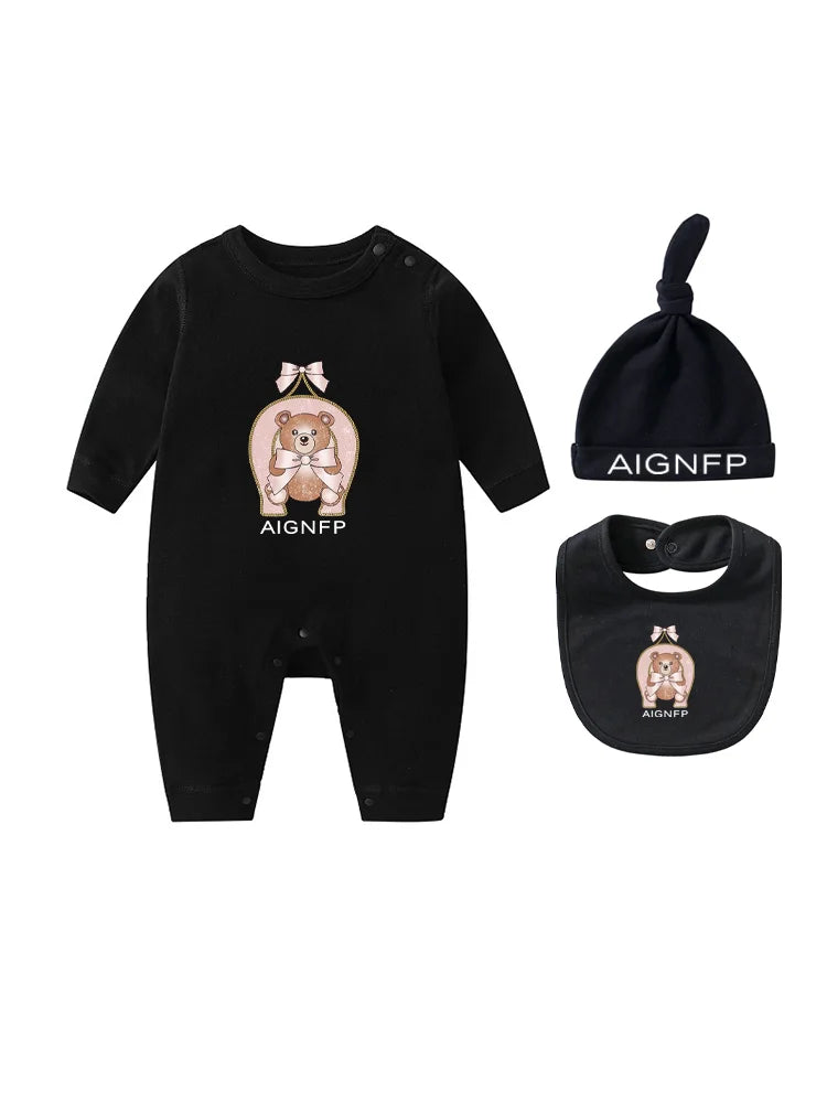 Cute Bow Bear Romper Newborns Clothes Autumn 2025 Hot Sale New Toddler Jumpsuit Hat Bib scarf Set Baby Girls Long sleeves Romper