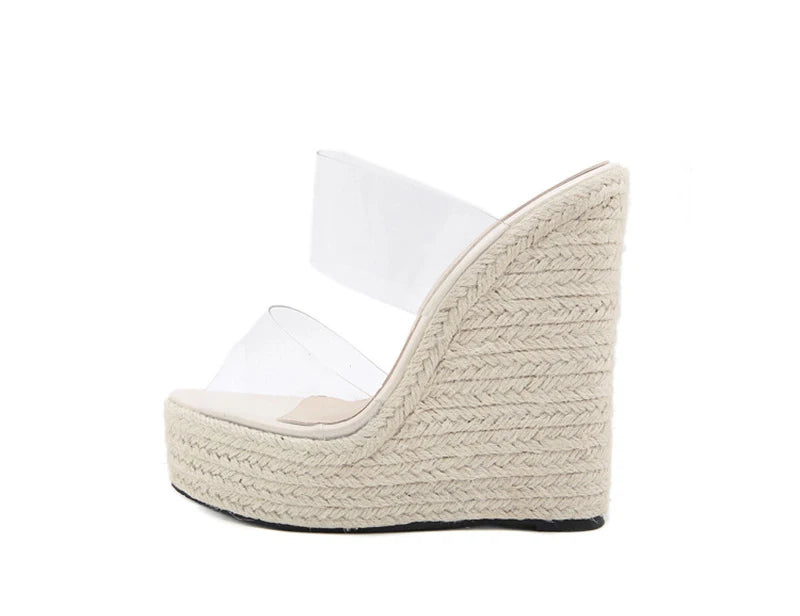 Summer PVC Transparent Peep Toe Cane Straw Weave Slippers Platform Wedges Sandals Women Fashion High Heels Female Shoes