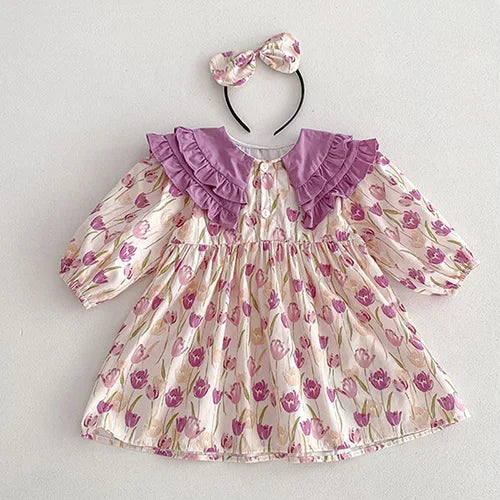 2025 New Spring Baby Sisters Dress 1-5Yrs Girl Party Dress Long Sleeved Cotton Rose Print Romper Sisters Kids Princess Dresses