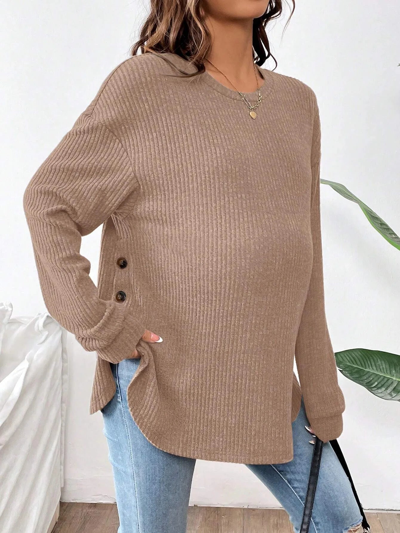 Pregnant Women's New Top For Autumn And Winter Casual Pullover Round Neck Long Sleeved Button Sweater