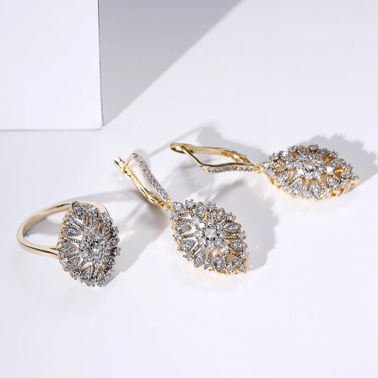 Flower hollow design inlaid with zircon two-tone hoop earrings and ring set fashion jewelry wedding party holiday accessories