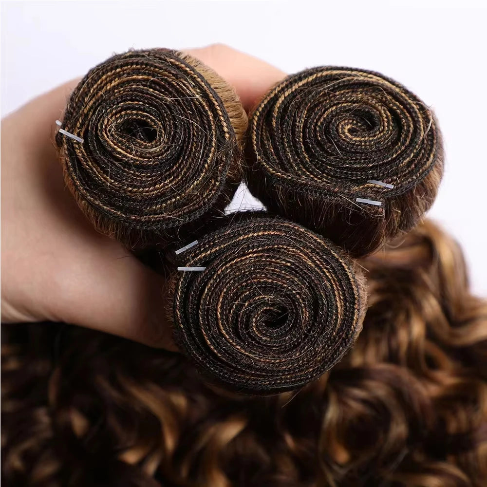 4/27 Deep Wave Highlight Burmese Curly Hair Bundles Honey Blonde Brown Curly Hair Weave 1/3/4 Bundles Deal Virgin Hair Extension