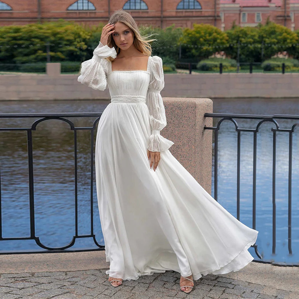 ADLN High Quality Beach Wedding Dresses Square Neck Puff Slevees Beading Pearl Sweep Train Chiffon Boho Bridal Gown Robe Mariage
