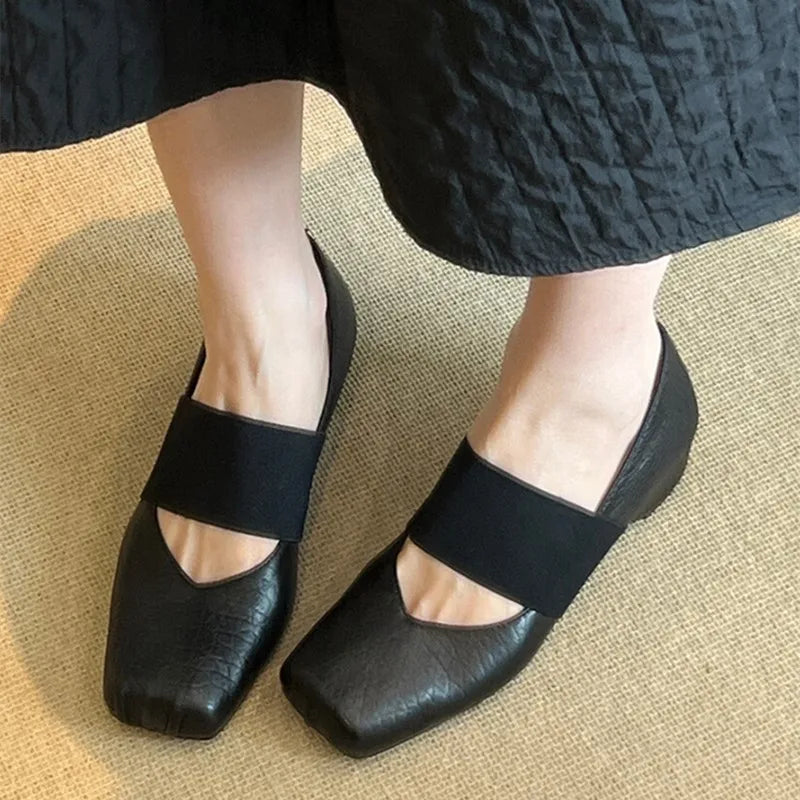 Luxury Shoes Women2026 New Leather Square Toe Elastic Band Mary Jane Women's Shallow Toe Flat Single Shoe Shoes for Women