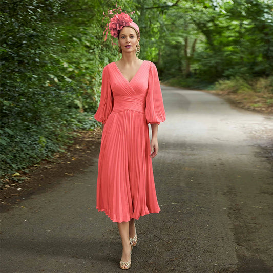 Pink Chiffon Wedding Guest Dress for Women 2023 A Line Mother of the Bride Gown  Weddings V Neck Puff Sleeves Midi Party