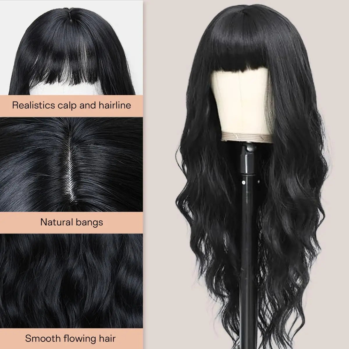 Black long curly hair synthetic wig for Halloween cosplay, costume party wig, high-temperature hair accessory
