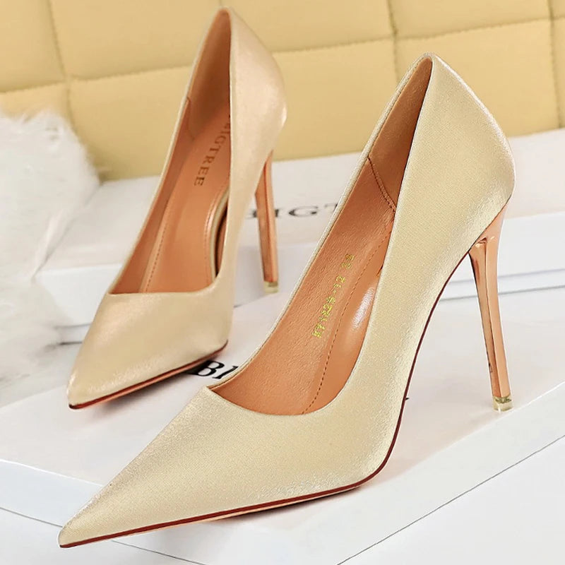 BIGTREE Shoes Women Pumps Metal heeled women shoes Satin Pumps Women Heels Stiletto High Heels Wedding Shoes Women 10.5 cm heels