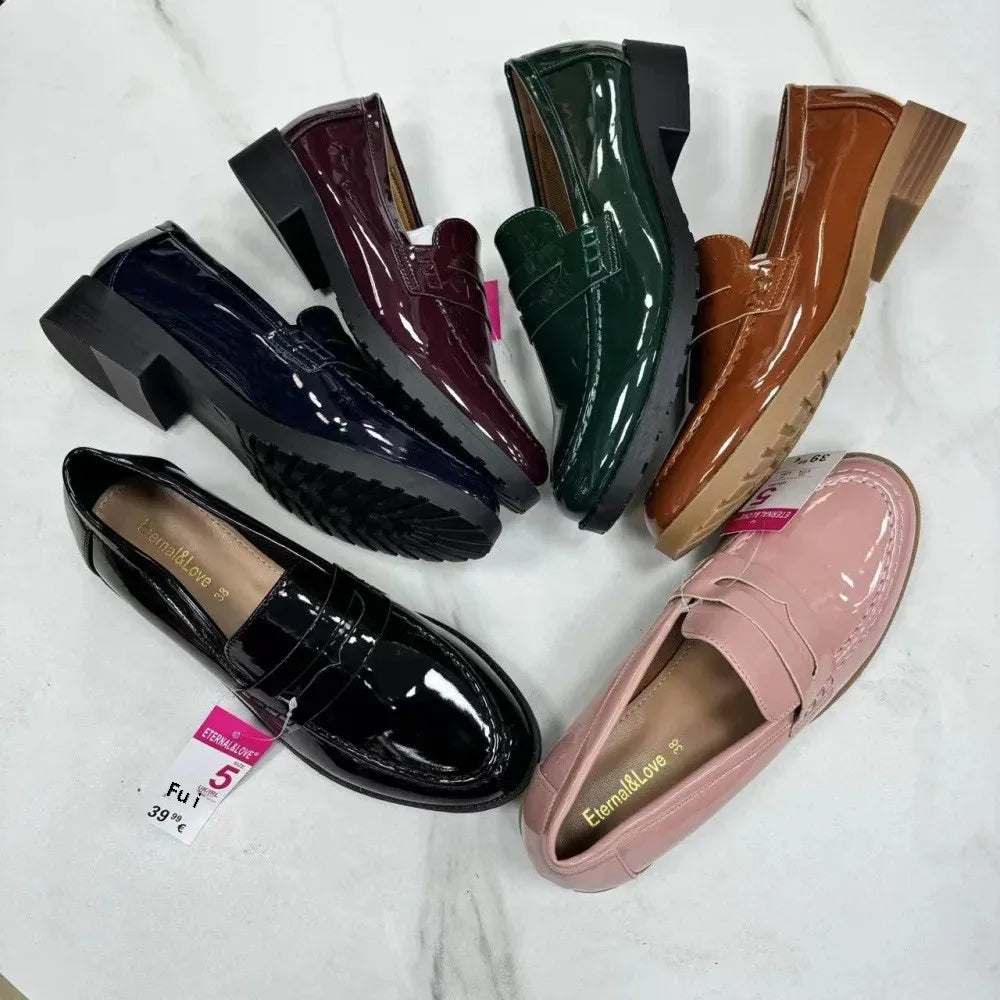 Fashionable Versatile Patent Leather Bright Face British Style Flat Shoes Comfortable Microfiber Face Adult Men Women Summer Sho