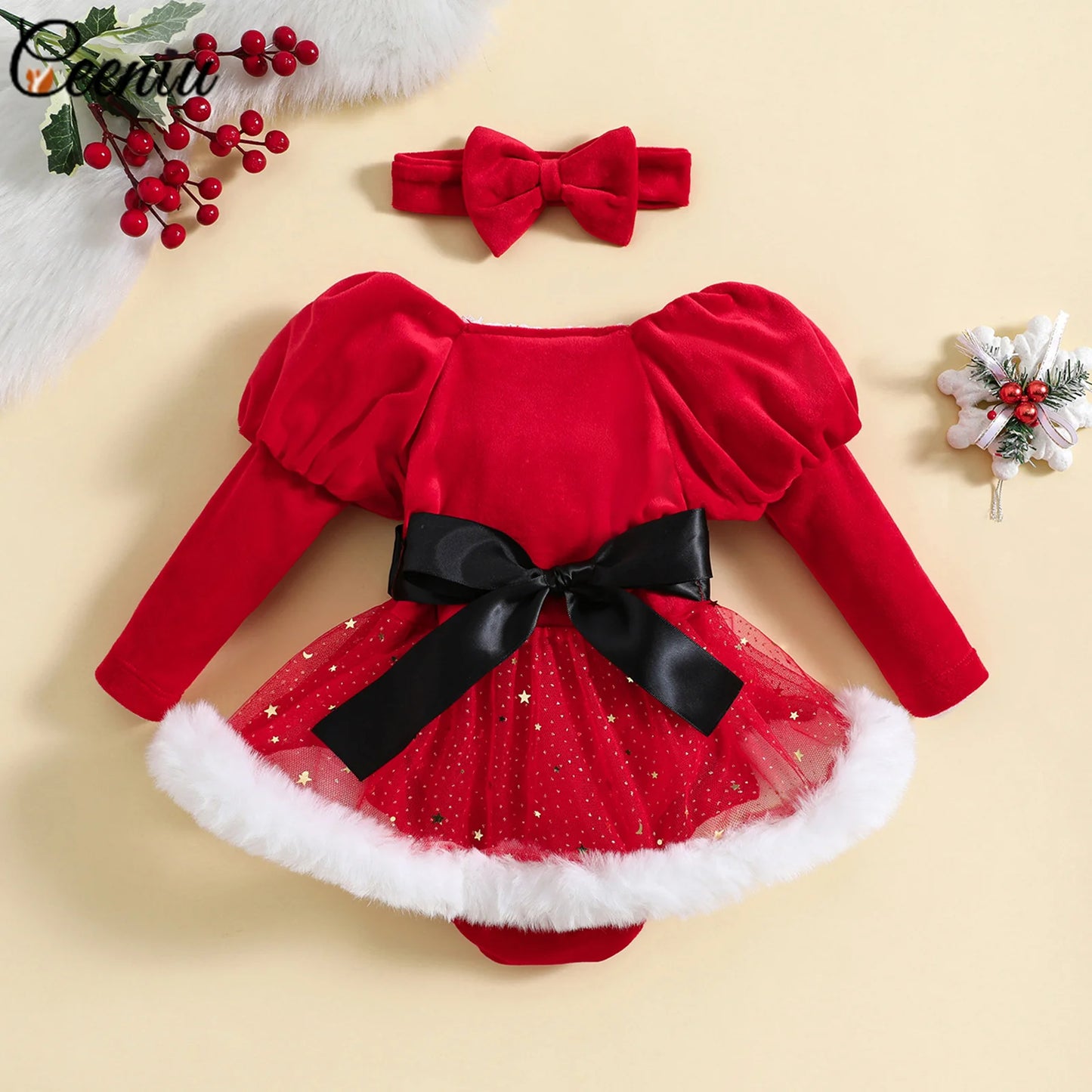 Ceeniu Baby Christmas Bodysuit Dress For Girls Green Santa Claus Letter Rompers Infants Onesies My First New Year Costume Baby