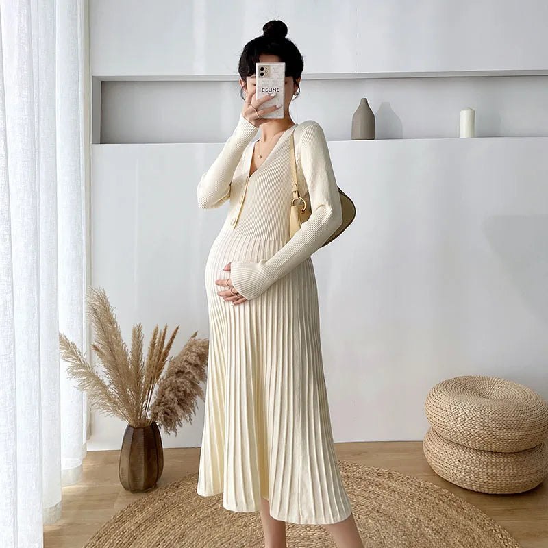 Autumn and Winter Maternity Clothing Long Sleeve V-Neck High Waist Button Fly Pregnancy Knitting Dresses Women Sweaters Knitwear