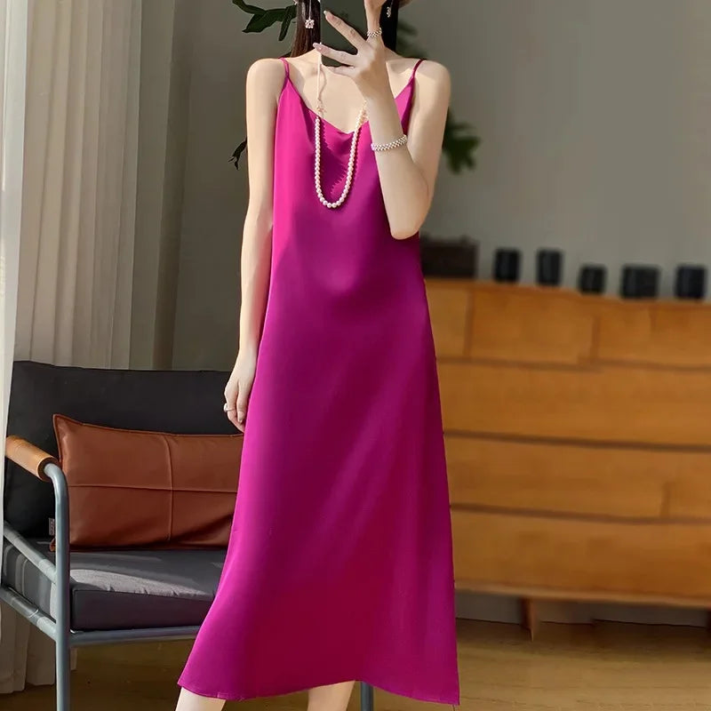 Silk V-neck Slim-fit Satin Dress Sexy Strap Long Gown for Women New 2025 Spring Summer Inner Wear Dress Elegant Lady Dress