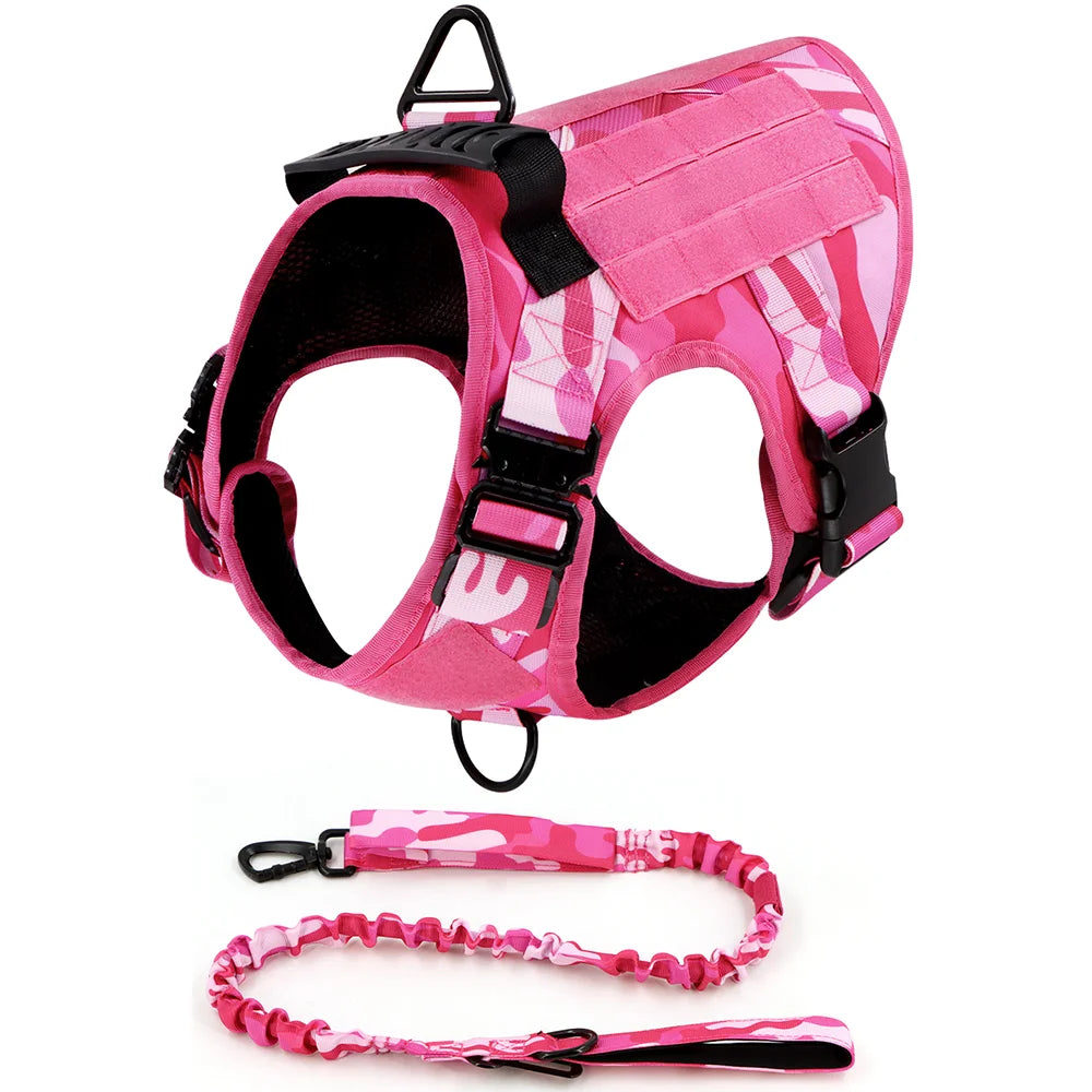 Tactical Pink Dog Harness Leash Set for Medium to Large Dog Adjustable Chest Strap Heavy-Duty Nylon for Outdoor Training Walking