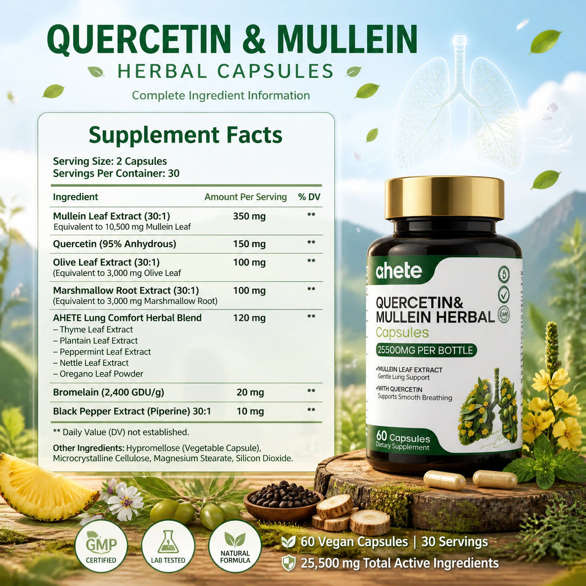 AHETE Mullein Leaf & Quercetin Capsules - High Potency Mullein And Quercetin, Lung Support Formula. Supports Respiratory Health.