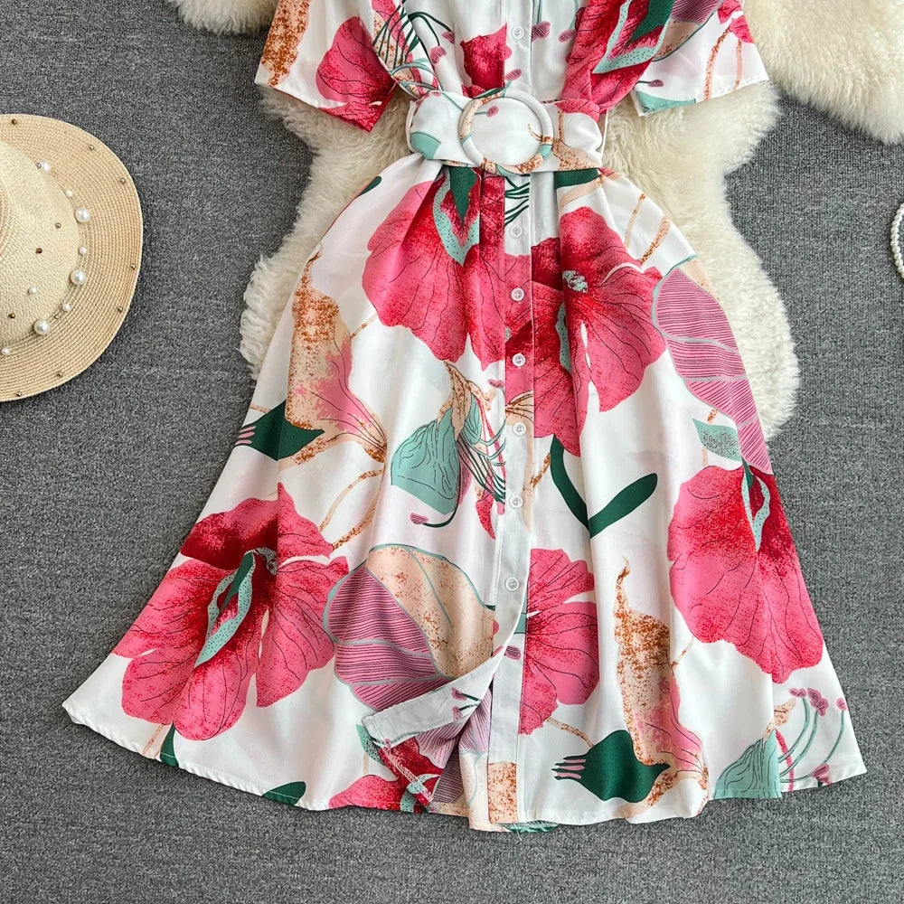 2024 New Summer Women Dress Fashion Print Floral A-line Shirt Dress with Belt Elegant Vintage Off Lady Dress Casual Vestidos