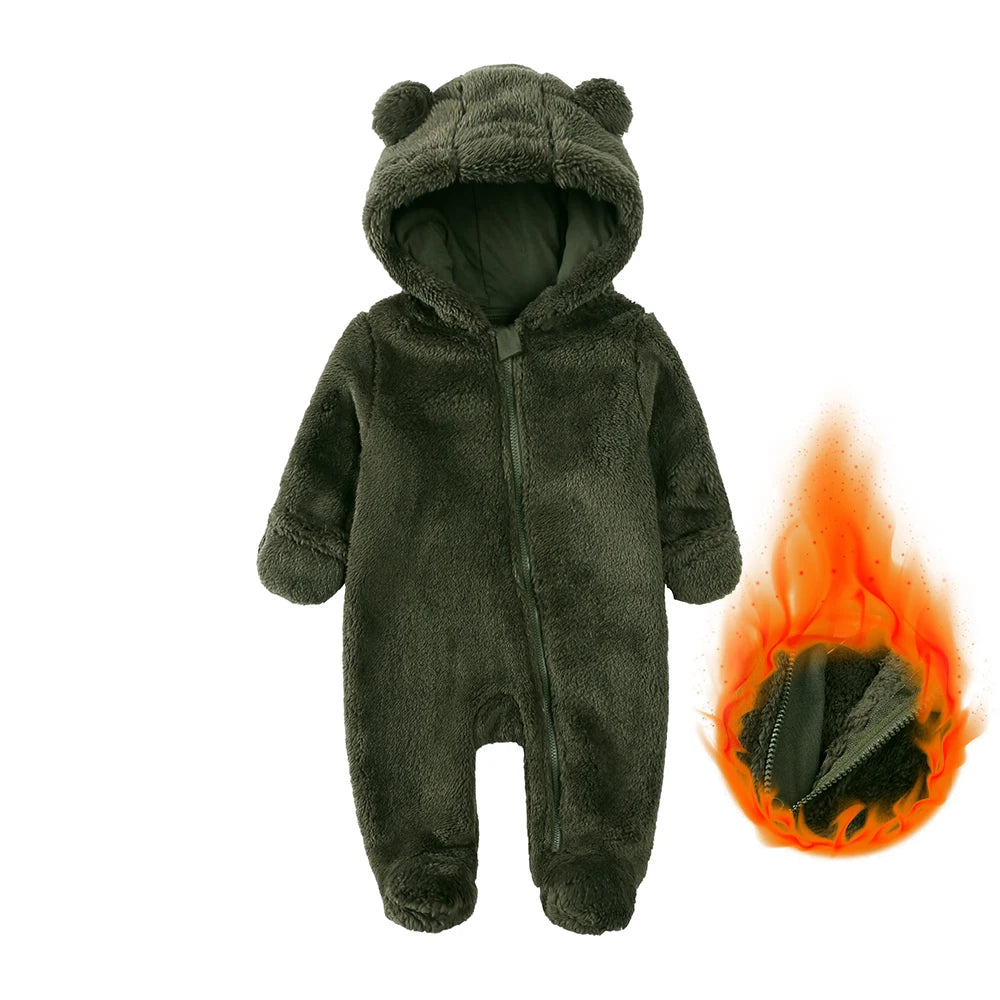 2026 Winter Baby Rompers Infant Fleece Bear Hooded Onesies Newborn Baby Boy Girl Zipper Jumpsuit Bodysuit Pyjamas