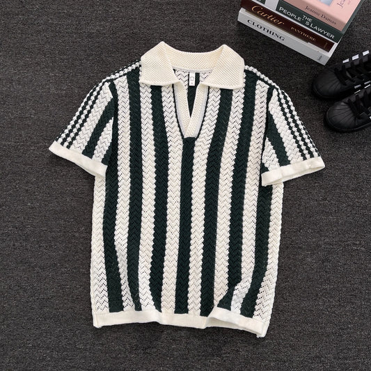 Men's Short Sleeve  Shirt Knitted Hollow out V-Neck Summer Breathable Stripe Pattern Versatile Casual T-Shirt