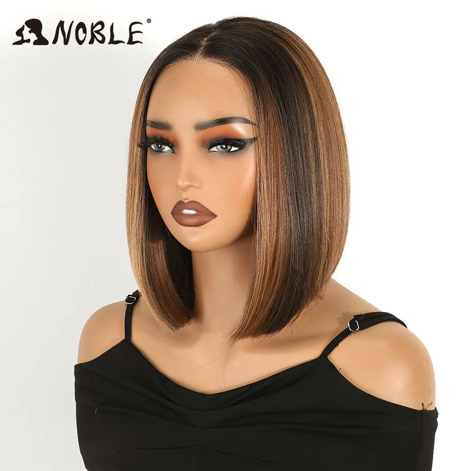 Noble Short Bob Wig Synthetic Lace Front Wig For Women 10Inch 13x3 Pre Plucked Free Part Lace Wig Ombre Brown Blonde Cosplay Wig