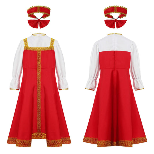 Kids Girls Russian Traditional Dance Costume Halloween Cosplay Festive Party Outfit Russian Fancy Dress with Headpiece Set 2-8Y