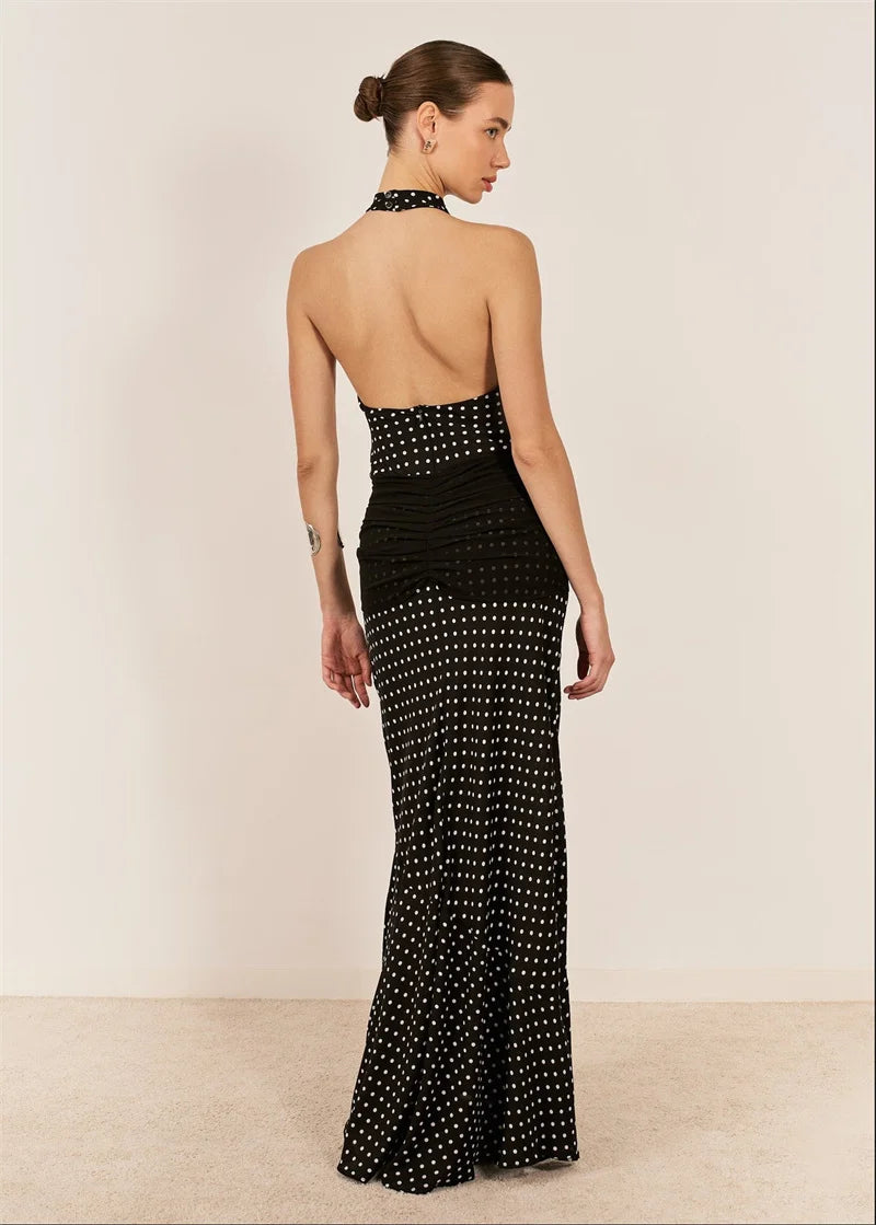 Blifanbo Polka Dot Halter Backless Sexy Maxi Dress Women Gown Ribbon Patchwork Off-shoulder Sleeveless Fashion Club Party Dress