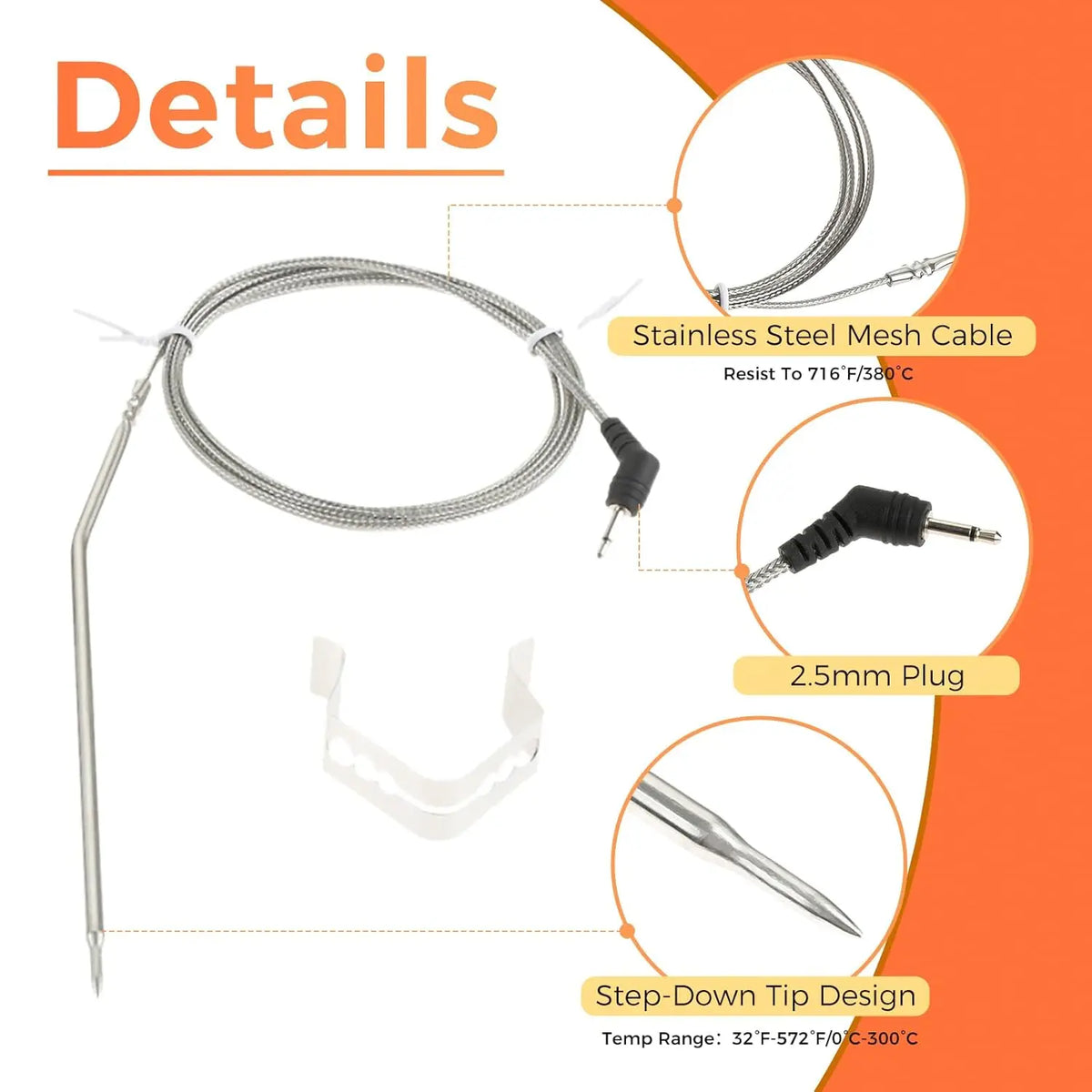 2 Pack Meat Thermometer Probe Replacement for Thermopro TP04 TP06 TP06S TP07 TP07S TP08 TP08S TP09 TP09B TP10 TP16 with 2 Clips