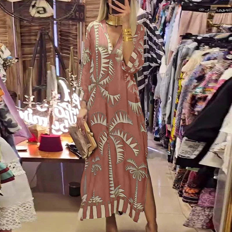 Spring Autumn Vintage Pattern Printed Women's Dress Casual V Neck Side Split Long Dress Elegant Long Sleeve Pleated Office Dress