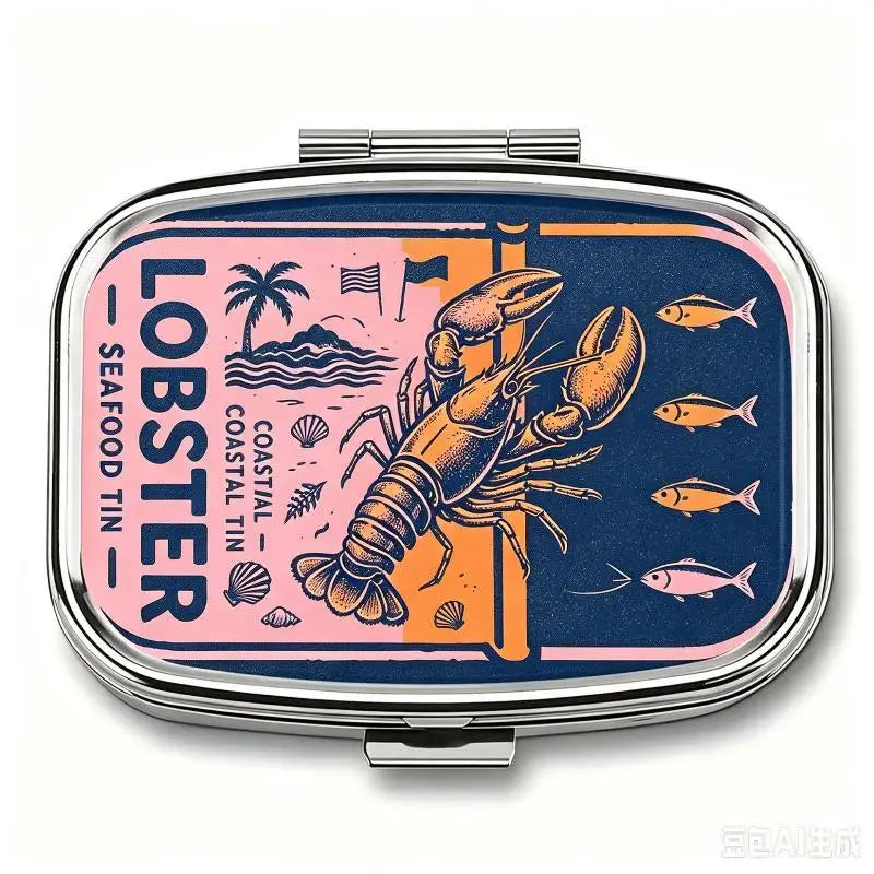 【WA】LUCKY TUNA Sardines Print Metal Pill Box, Portable 2-Compartment Travel Pill Organizer For Vitamins & Pills
