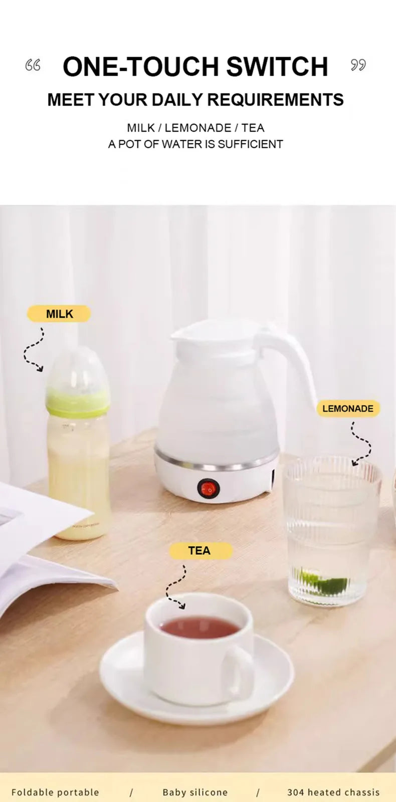 JFBONIN 0.6L Mini Folding Kettle Portable Water Heater 600W Silicone Compression Electric Kettle Home Kettle Easy To Travel
