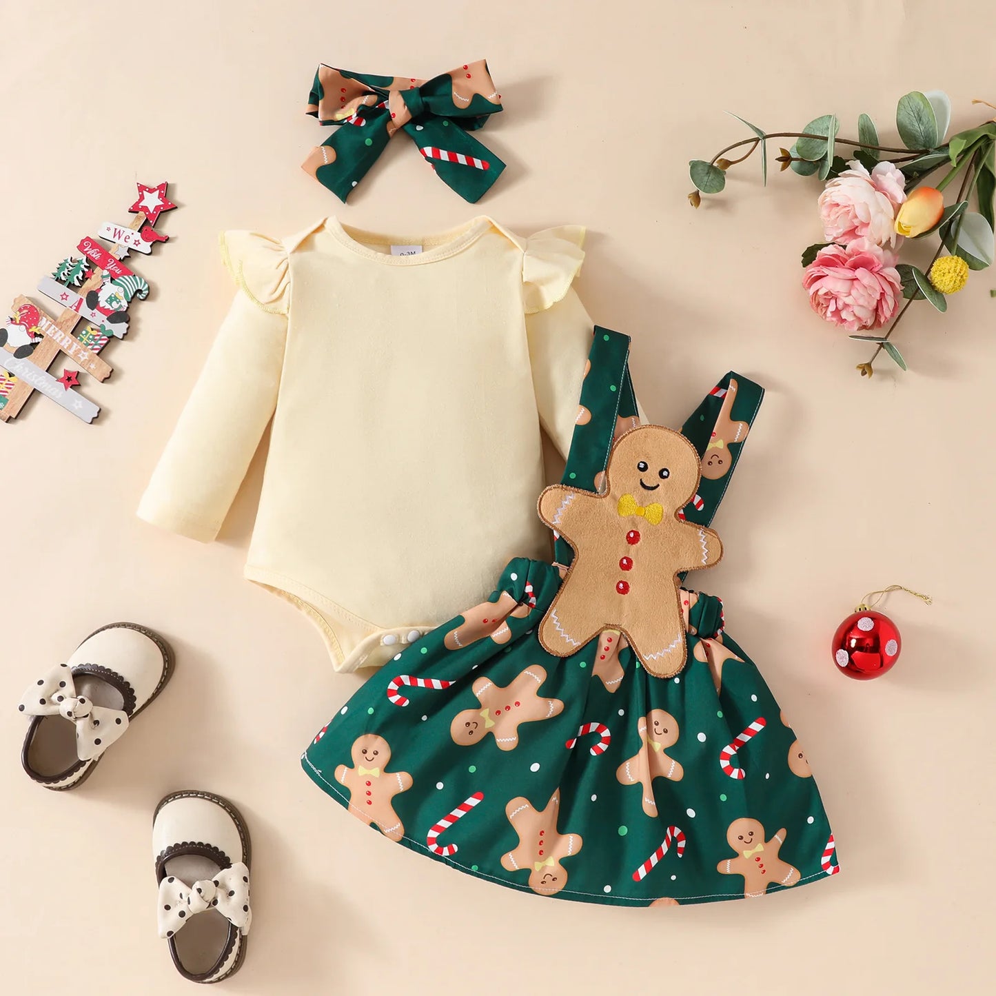 Prowow Baby Girls Christmas Outfits Set Red Bodysuit+Plaid Deer Suspender Dress Set 3pcs My First New Year Costume For Baby 2026