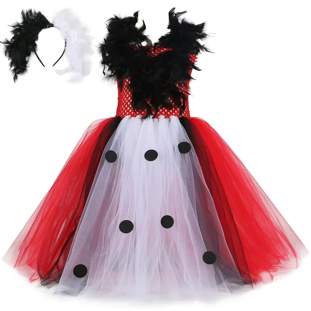 Halloween Crulla Cosplay Costume Cruella Tulle Dress Party Girls Black White Carnival Kids Cruella Wig Lace Mask Suit Clothes