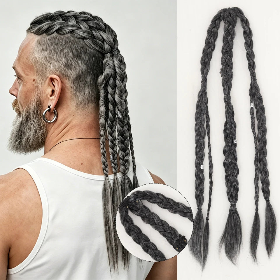 Long Braided Ponytail Extension Synthetic Twist Box Braids Pony Tail Hairpieces with Hair Ring Elastic Tie for Men Daily Party