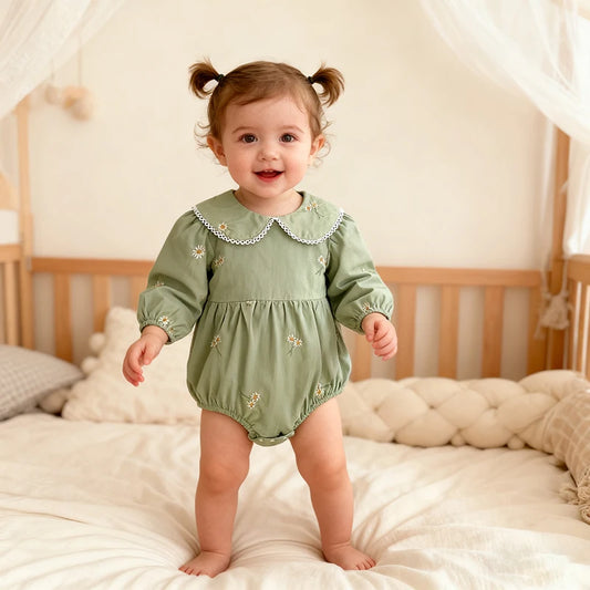 0-24M New Newborn Baby Girl Lapel Korean Style Bodysuit Autumn Long Sleeved Cotton Embroidery Climbing Suit Baby Girl Clothing