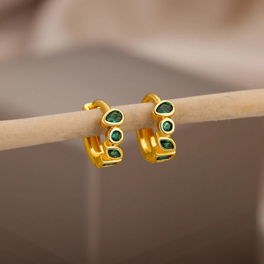 Mini Small Green Zircon Waterdrop Hoop Earrings for Women Gold Plated Stainless Steel Earrings Aesthetic Jewelry Wedding Gift