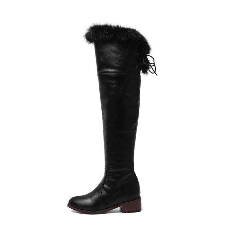 SIMLOVEYO Snow Boots fur Women Leather Boots Med Block Heels Over The Knee Boots Lady Shoes Bota Feminina Size 44 46