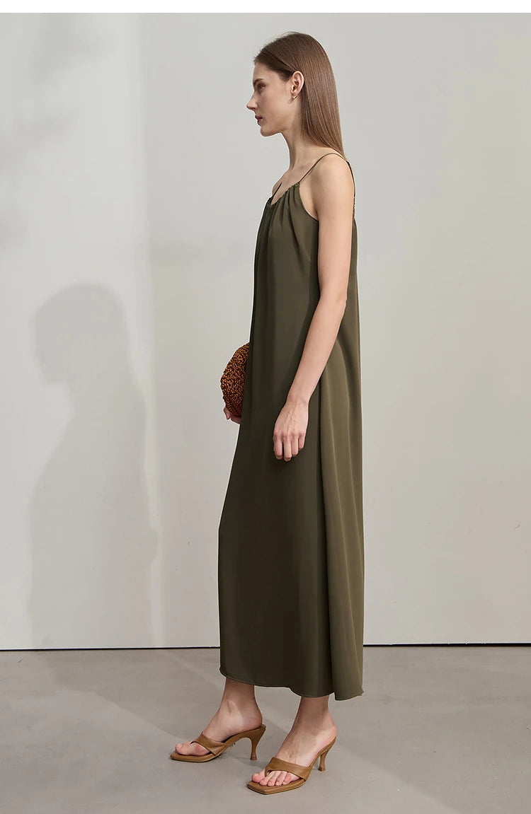 AMII Minimalist Office Lady Dress Women 2025 Summer Female Sleeveless U-neck Solid Adjustable Shoulder Strap Dresses 12542192