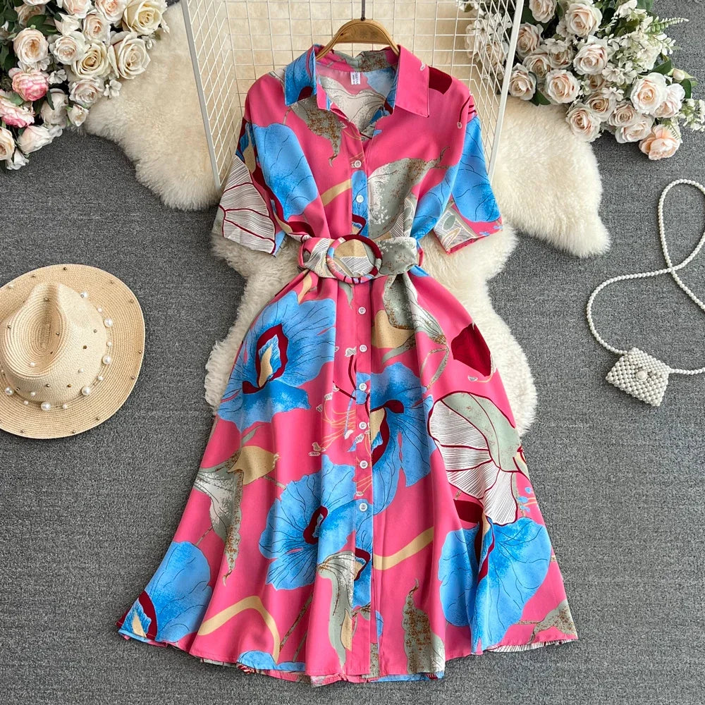 2024 New Summer Women Dress Fashion Print Floral A-line Shirt Dress with Belt Elegant Vintage Off Lady Dress Casual Vestidos