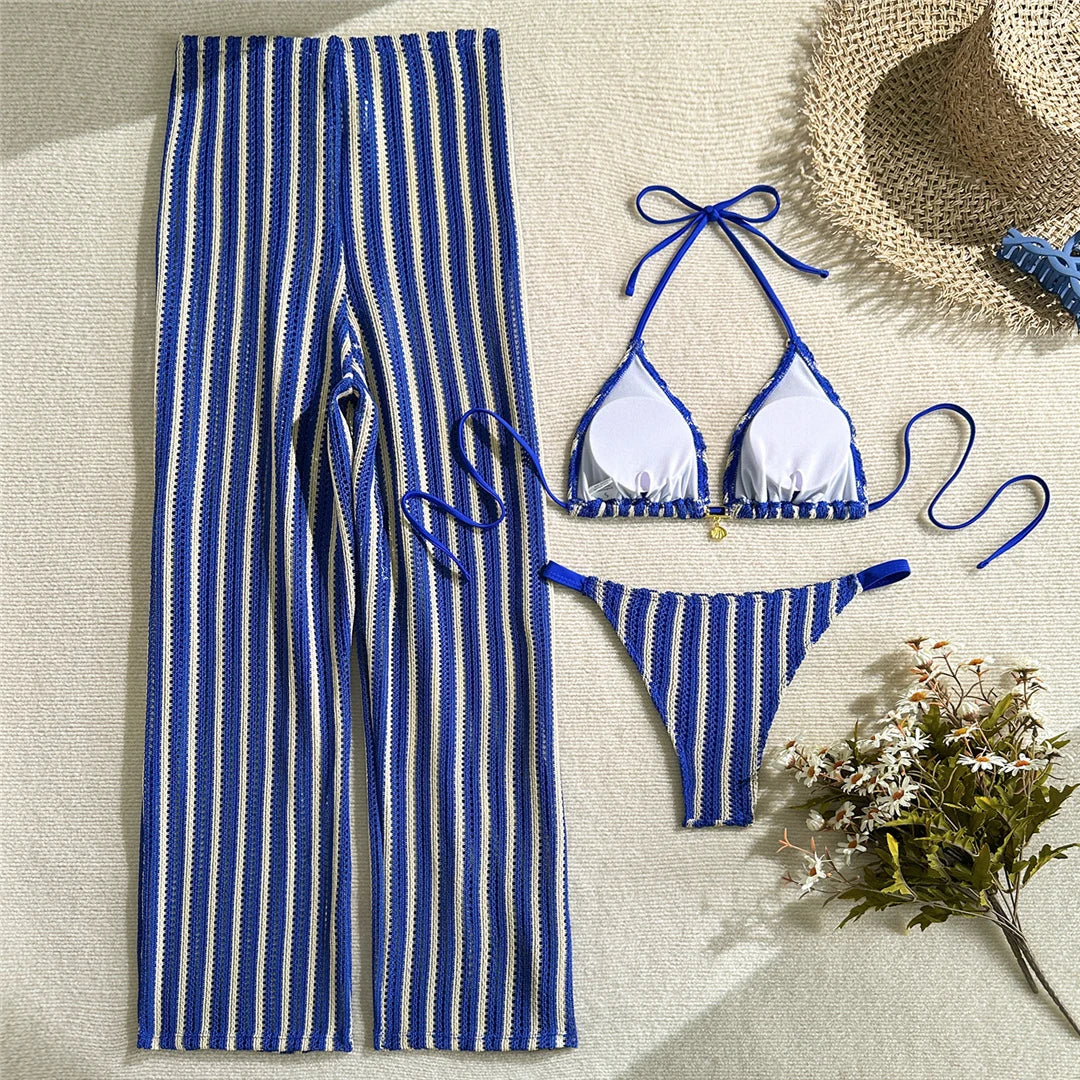 With Pants Striped Halter Bikini Female Swimsuit Women Swimwear Three-Pieces Bikini Set Brazilian Bather Bathing Suit Swim V7838