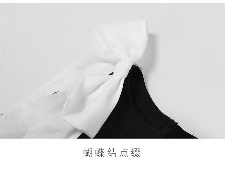 Designer Fashion New Summer Rose Flower Embroidery Office Dress Elegant Women O Neck Hit Color Bowknot Black Floral Midi Dresses