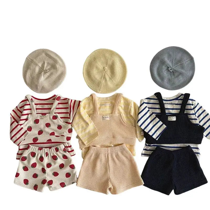 2025 Autumn New Baby Girl Cute Strawberry Print Clothes Set Infant Ribbed Vest + Shorts 3pcs Suit Cute Toddler Girl Outfits