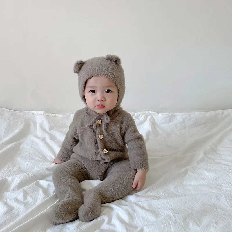 Baby Outfit Newborn Photography Props Mohair Knitted Bear Rompers Footed Jumpsuit Hat 2pcs/Sets Photography Clothing Accessories