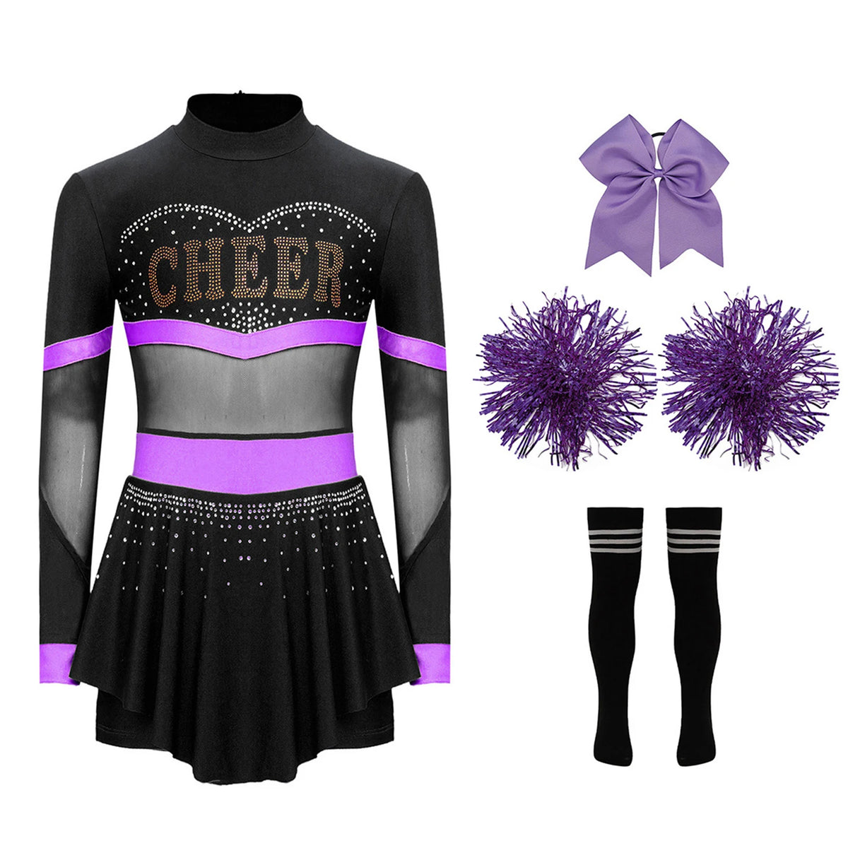 Girls Cheerleader Costume Long Sleeve Cheerleading Uniform Children Cheer Dance Dress Hand Flower Socks Stage Dancewear Sets