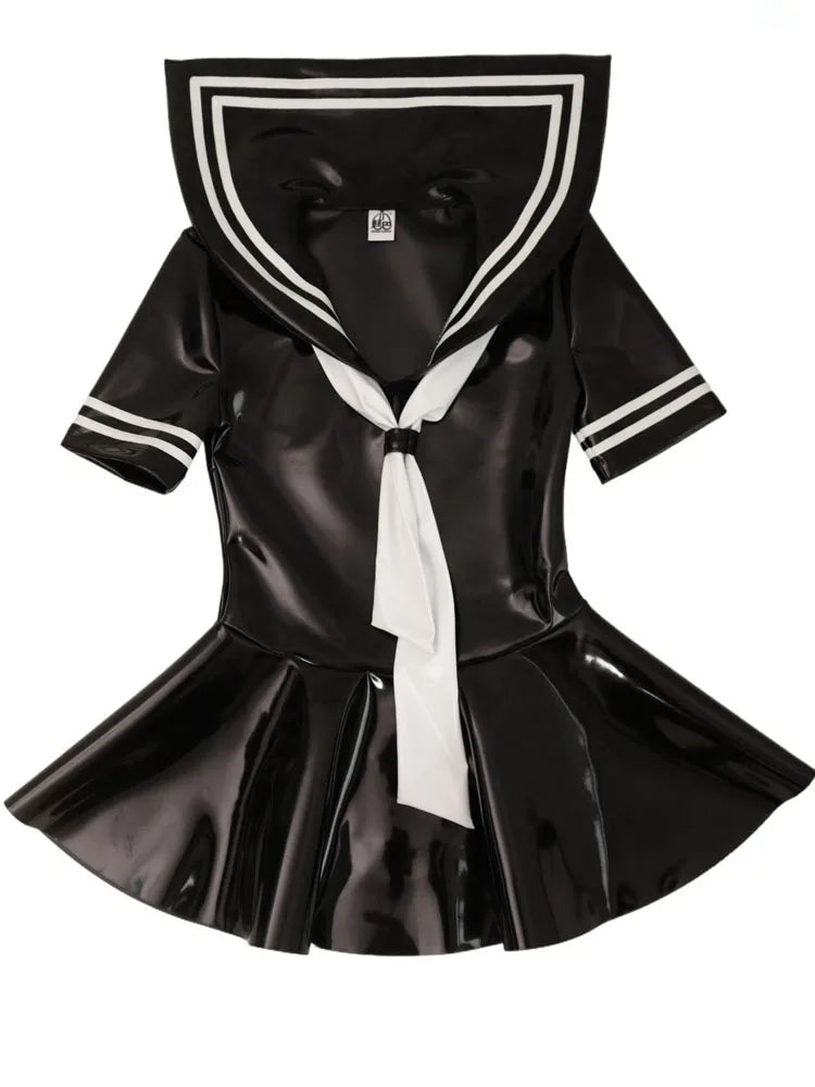 XS-4XL New Double PU Leather Hot Dress Wet Look PVC Short Sleeve Sailor Collar Cosplay Dresses A-line Uniform Minifalda Vestido