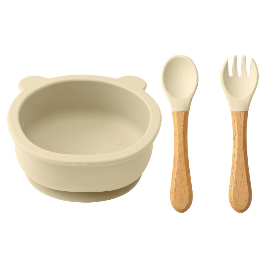 Mamaplan Baby Silicone Tableware Wooden Handle Spoon Fork Feeding Sucker Bowl Training Learning Baby Stuff  Baby Dinner Set
