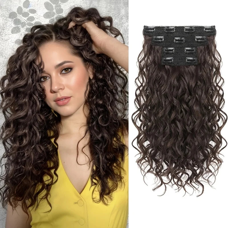 Synthetic 4PCS Hair Extensions 14inch Short Curly Wavy Brown Blonde Color Invisible Lace Weft Natural Soft Hairpieces for Women